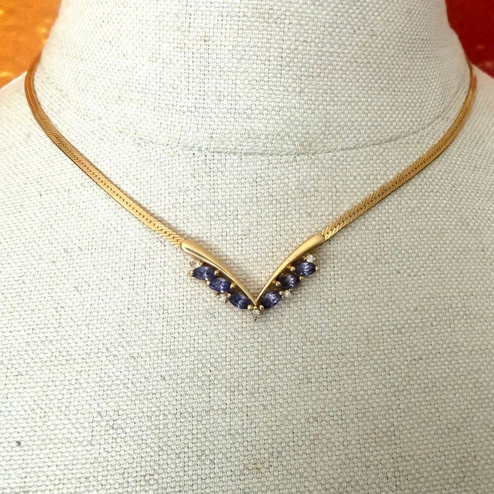 Vintage Avon Gold Tone Herringbone V Necklace Purple Marquise Stones